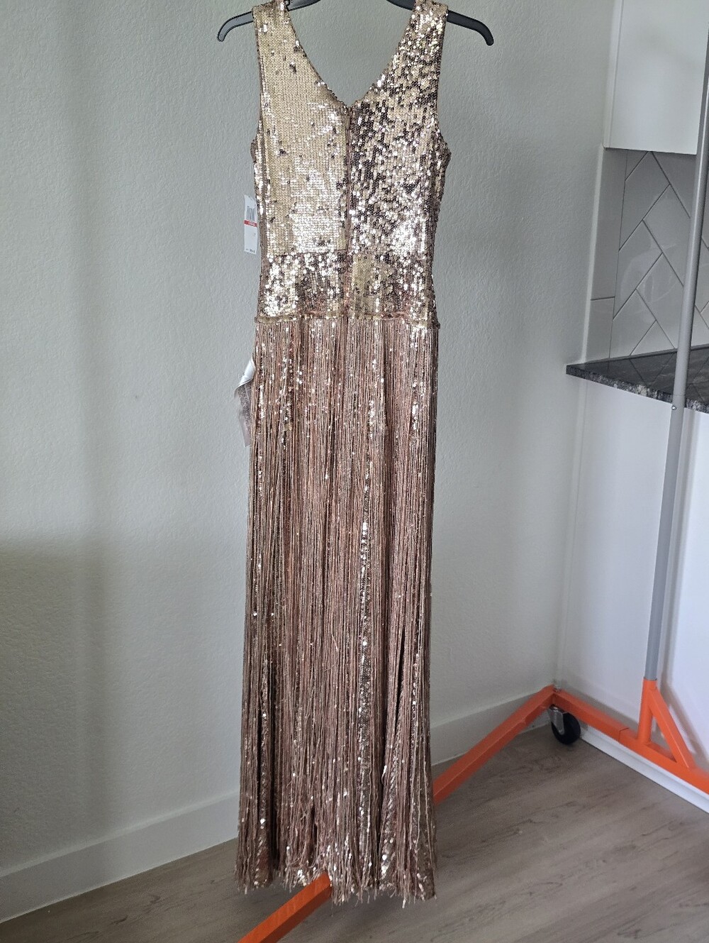 Dress The Population NWT Gold Sequin Fringe Maxi Gown XS $598 Deep V Formal - Picture 14 of 16